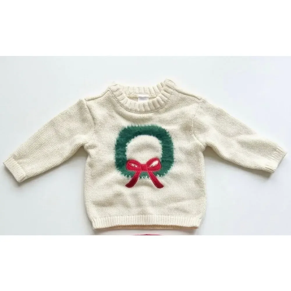 NEW! Carter's Size 5T Girls Wreath Long Sleeve Sweater White / Ivy